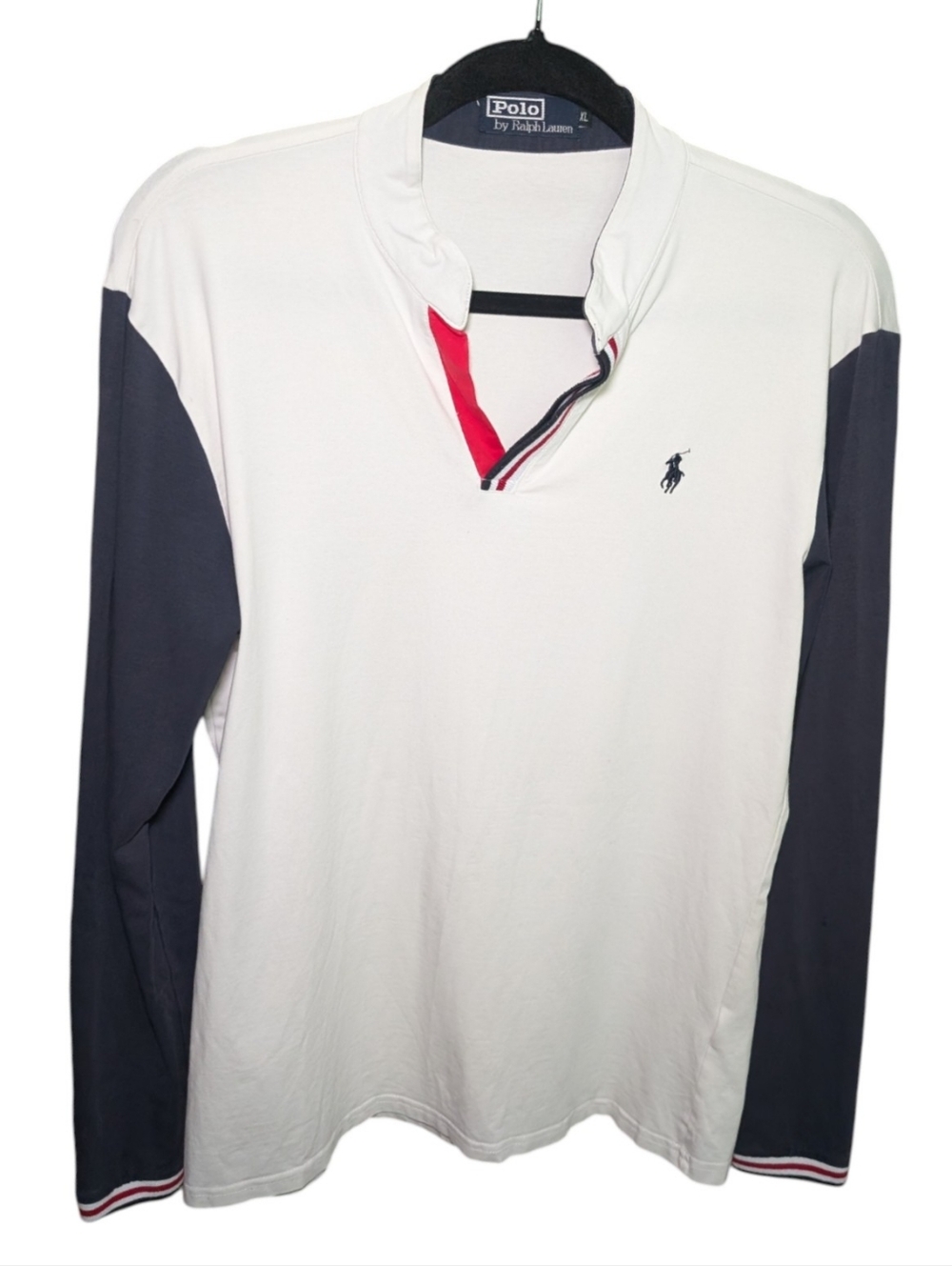 Polo by Ralph Lauren White Long-Sleeve Polo with Navy Sleeves & Red Placket Trim